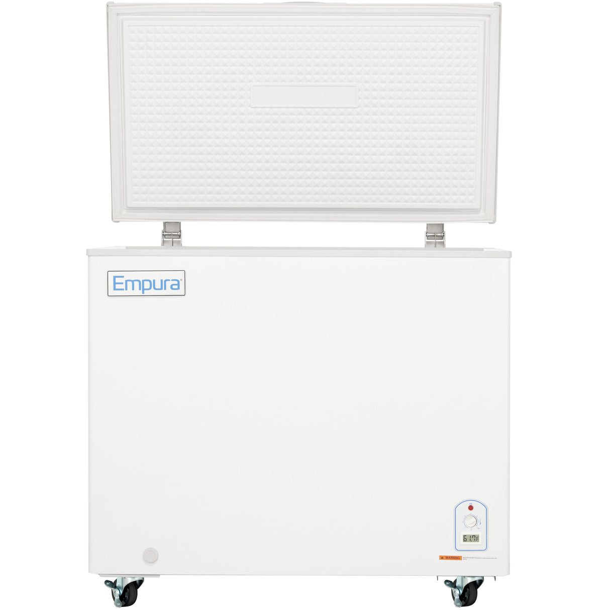 A white Empura chest freezer with a solid lid stands on four wheels, its textured interior visible. The lower right features a control panel with a dial and indicator light, showcasing Empura refrigeration’s quality and design.