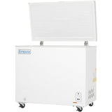 A white Empura chest freezer with a solid lid is shown open, featuring a textured, rectangular lid. The unit stands on four caster wheels, with a control panel and vent from Empura refrigeration visible on the lower right front side.