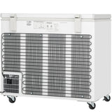 A white chest freezer on wheels, featuring Empura refrigeration and a large black metal cooling coil grid across the back. The solid lid freezer has two white latches, plus a vented section and specs label on the upper back panel.
