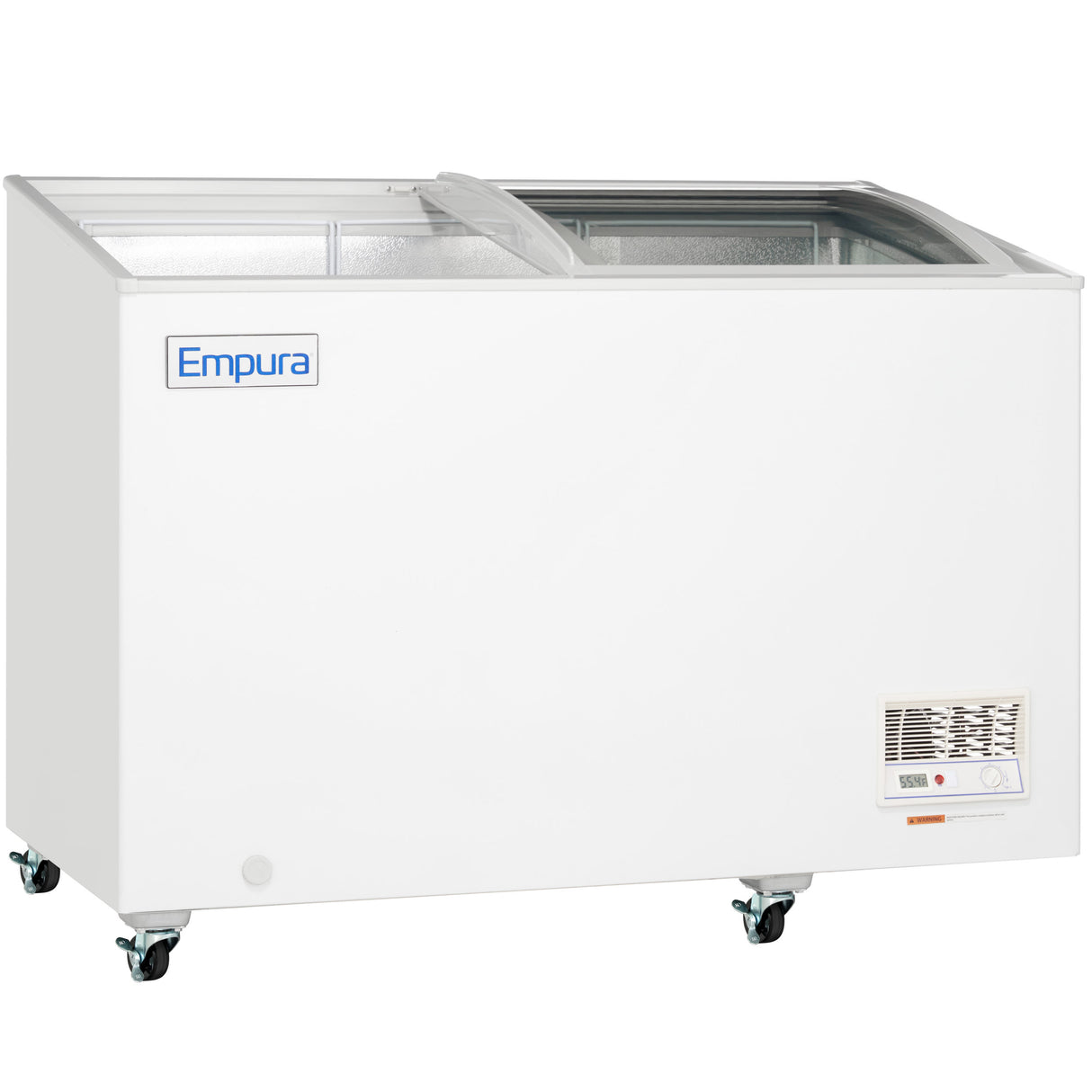 A white Empura commercial freezer on wheels with sliding glass doors. The chest freezer features its brand name on the upper left, with vents and a control panel on the lower right front, set against a plain white background.