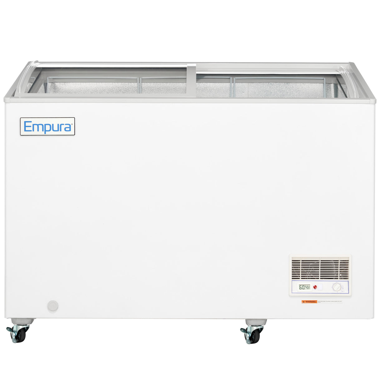 A large white Empura commercial chest freezer with sliding glass doors sits on four caster wheels. The unit features a vent, control panel, and power indicator light on the lower right front side.