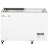 A white Empura chest freezer with sliding glass doors, ideal as a commercial freezer. It stands on four caster wheels, with a vent, control dial, and digital display on the lower right. The interior is easily visible through the glass.