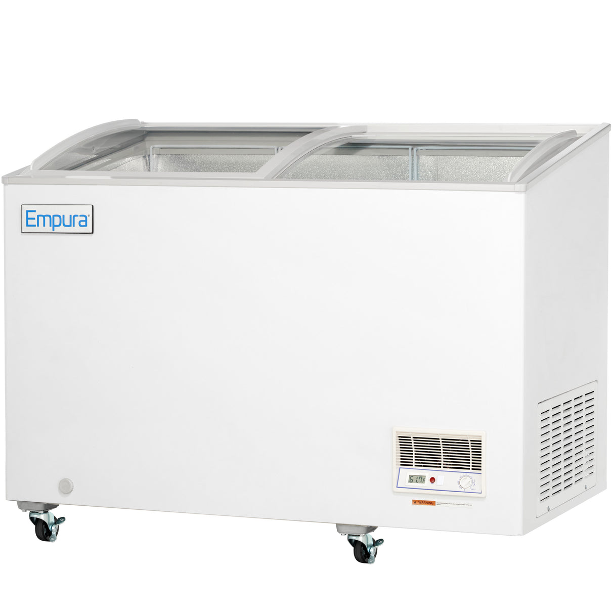 A white Empura commercial freezer with sliding glass doors on top, the Empura logo on the left, and a vent with temperature controls on the bottom right. This chest freezer sits on four caster wheels for easy mobility.