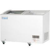 A large white Empura chest freezer with sliding glass doors, four caster wheels, a vent and control panel on the bottom right, and the Empura logo on the upper left. The interior of this commercial freezer is partially visible through the glass doors.