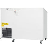 A large, white Empura commercial freezer on four wheels is shown. It has a vent and a warning label reading C5H10 near the bottom left. The top is flat, with various labels and diagrams on the upper section. The background is plain white.
