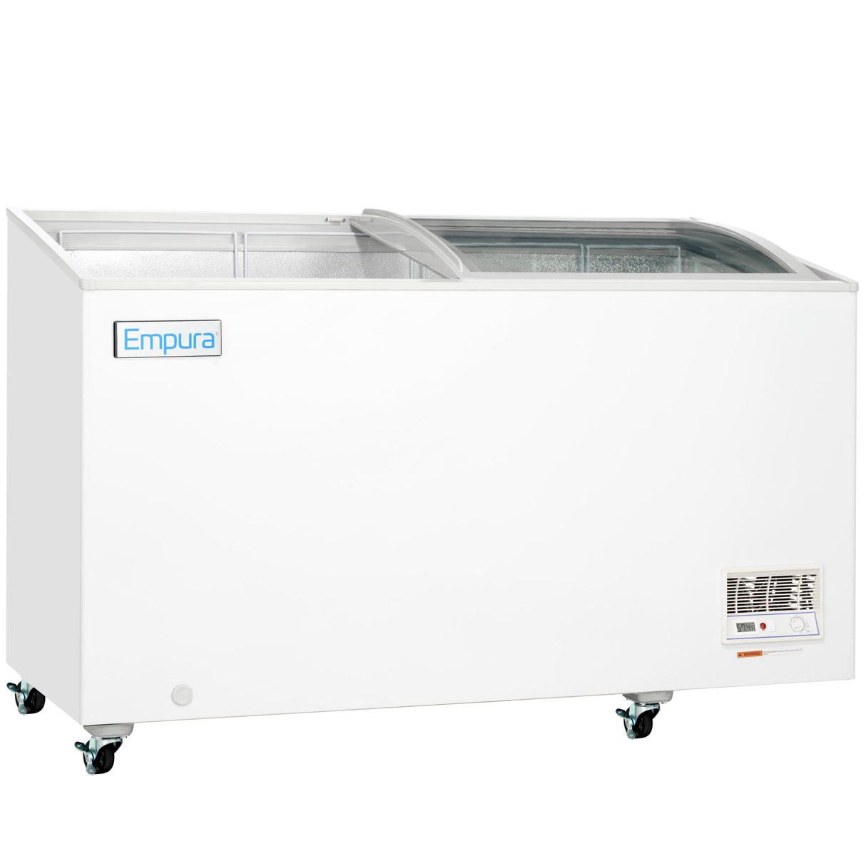 A large white commercial chest freezer with a sliding glass top, labeled Empura. This commercial freezer is on four caster wheels for mobility and has a vented control panel on the lower right corner. It is empty and set against a white background.