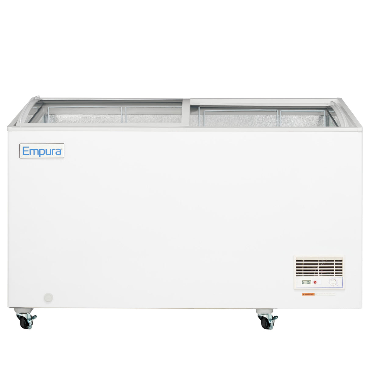 A large, white Empura commercial freezer on four wheels is shown. It features a sliding glass top with two sections, a vent panel, indicator lights, and a control panel at the bottom right. The background is plain white.