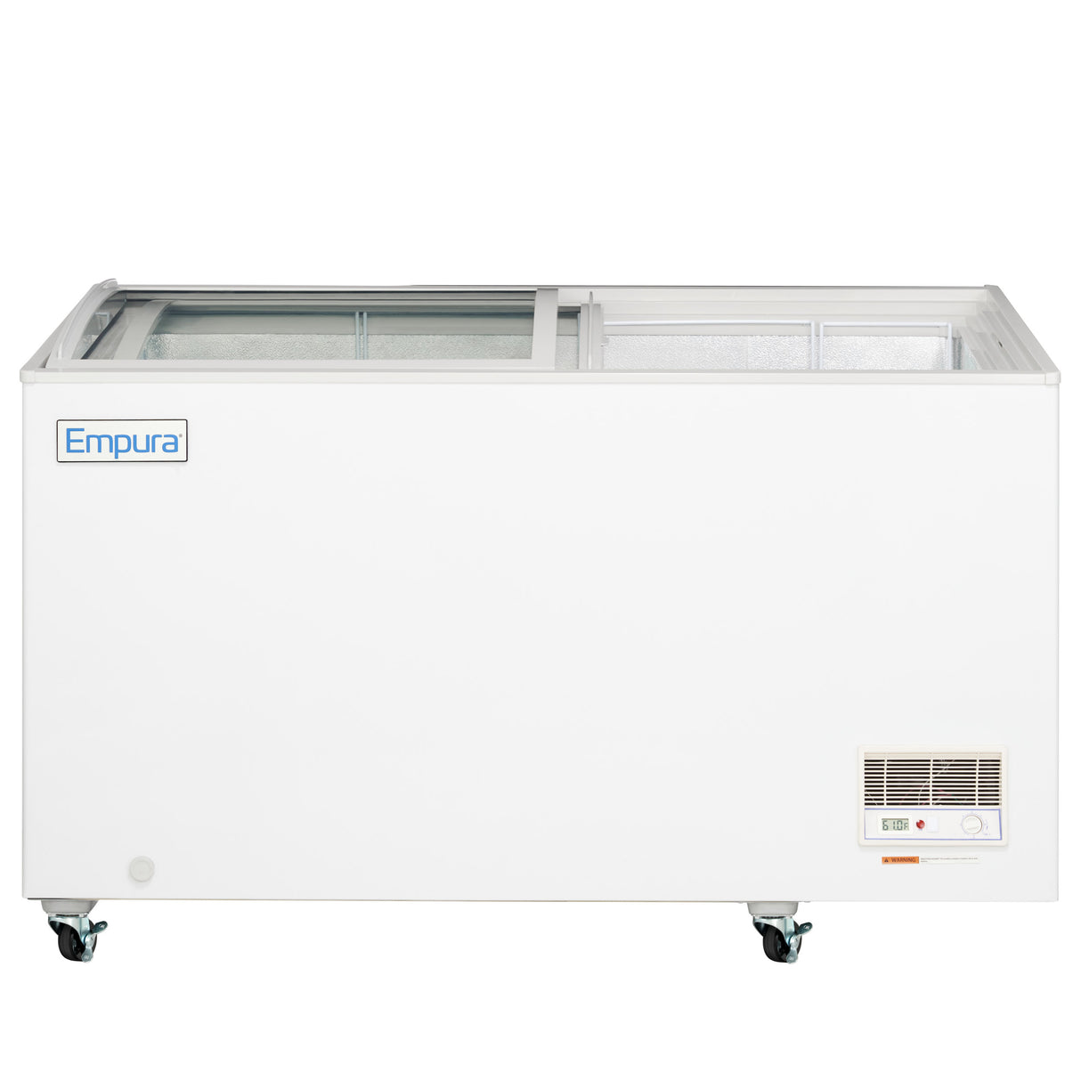A white commercial chest freezer with sliding glass doors, labeled “Empura” on the upper left. This commercial freezer features a ventilation grill and control panel on the bottom right, four caster wheels, and its interior is partially visible through the glass.