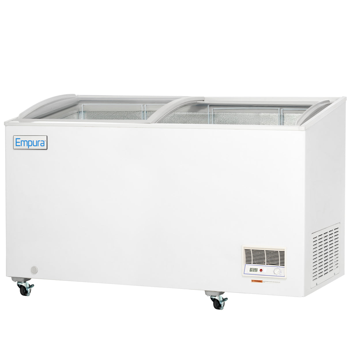 A large white commercial freezer with sliding glass doors on top, four caster wheels, a vent and control panel at the bottom right corner, and the blue Empura logo on the front left side. This curved lid freezer’s interior is visible through the frosted glass.