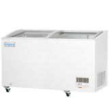 A large white commercial freezer with sliding glass doors on top, four caster wheels, a vent and control panel at the bottom right corner, and the blue Empura logo on the front left side. This curved lid freezer’s interior is visible through the frosted glass.
