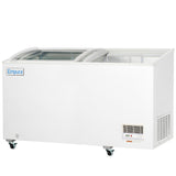 A white commercial freezer with sliding glass doors on top, labeled Empura on the side. This chest freezer features ventilation grilles, a control panel at the bottom right, four casters for mobility, and a spacious, well-insulated interior.
