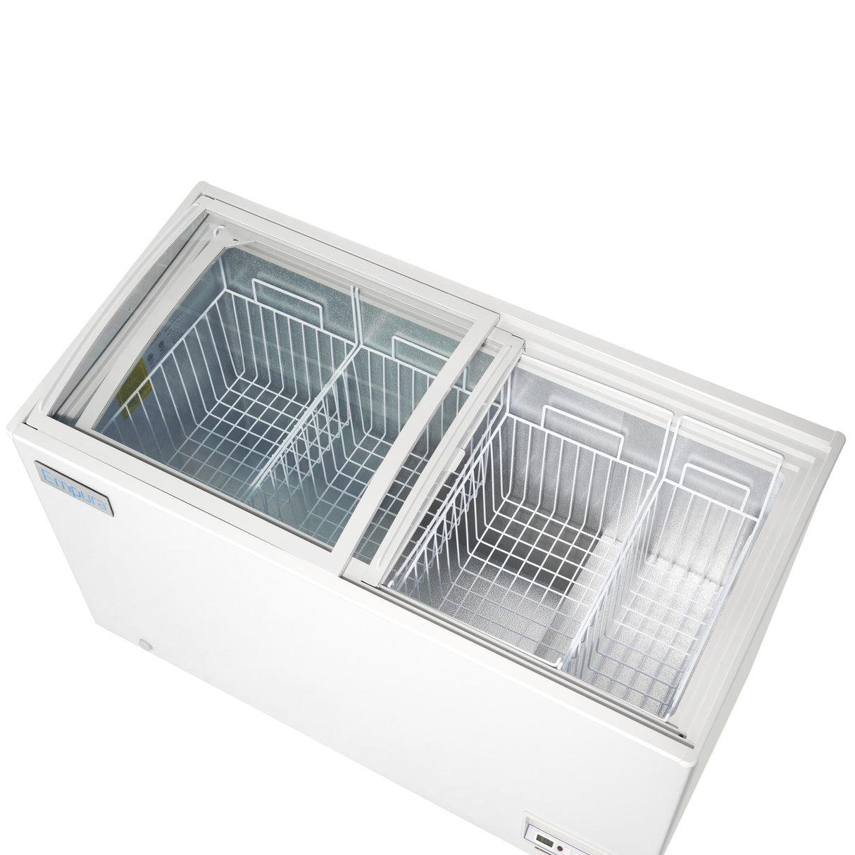 A white commercial chest freezer with two sliding glass doors reveals two metal wire baskets inside. The freezer is clean and empty, shown from an angled top view against a plain white background.