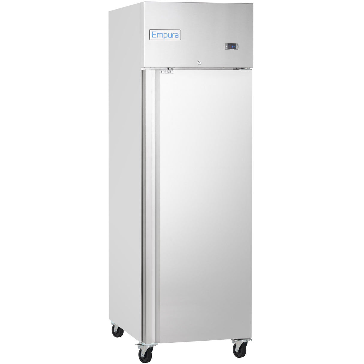 A tall, stainless steel Empura Refrigeration reach-in freezer with a single door, digital display, and brand name on top front. The unit stands on four black caster wheels for easy mobility.