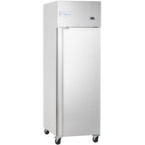 A tall, stainless steel Empura Refrigeration reach-in freezer with a single door, digital display, and brand name on top front. The unit stands on four black caster wheels for easy mobility.