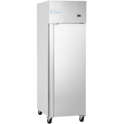 A tall, stainless steel Empura Refrigeration reach-in freezer with a single door, digital display, and brand name on top front. The unit stands on four black caster wheels for easy mobility.