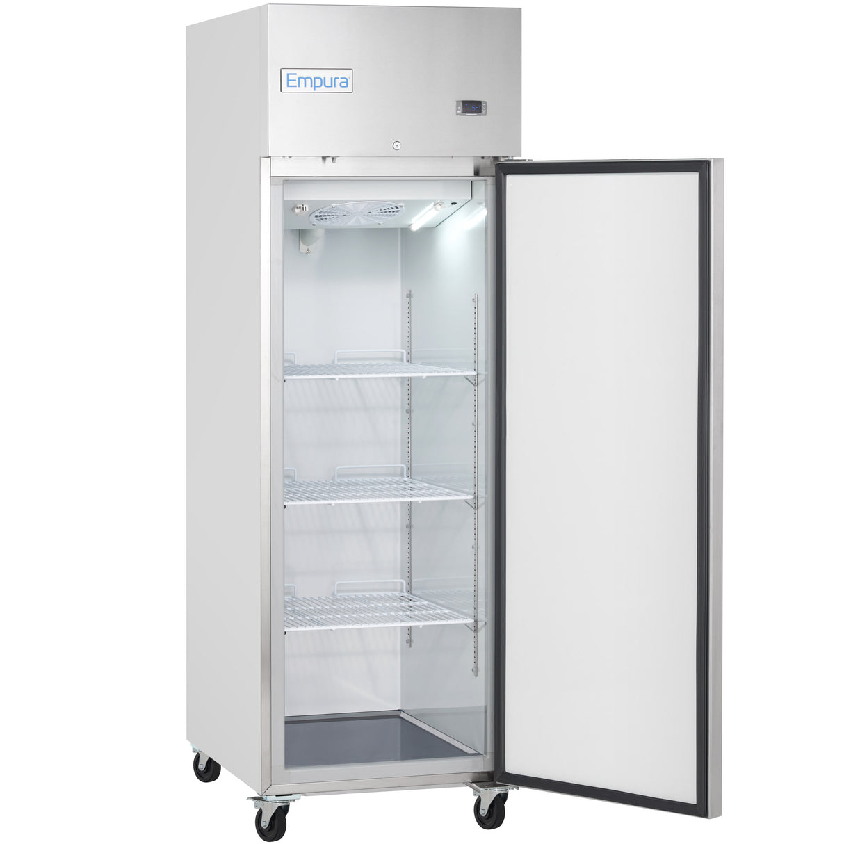 A tall, stainless steel Empura Refrigeration reach-in freezer on caster wheels is shown with its door open. Inside, there are three empty wire shelves and an interior light. The brand name “Empura” is displayed at the top of the unit.