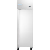 A tall, stainless steel Empura Refrigeration reach-in freezer with a single door, digital control panel, and four black caster wheels. The brand name Empura is displayed at the top of this sleek, industrial commercial freezer.