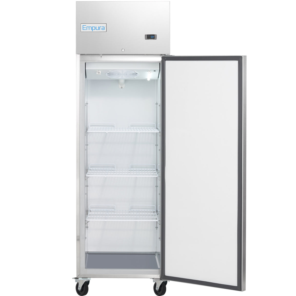 A stainless steel Empura Refrigeration commercial freezer stands on wheels, its single door open to reveal three empty wire shelves and an internal light. The clean, white interior highlights this quality reach-in freezer for any professional kitchen.