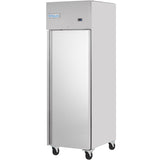 A tall, stainless steel Empura Refrigeration reach-in freezer with a single solid door, mounted on four wheels for mobility. The top section features a digital display and Empura logo. The unit has a sleek, modern appearance and no visible handles.
