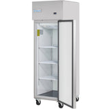 A tall, silver Empura Refrigeration reach-in freezer on wheels stands with its door open, revealing four empty wire shelves. The brand Empura is visible on the upper front panel. Its sleek, industrial design suits kitchens or restaurants.