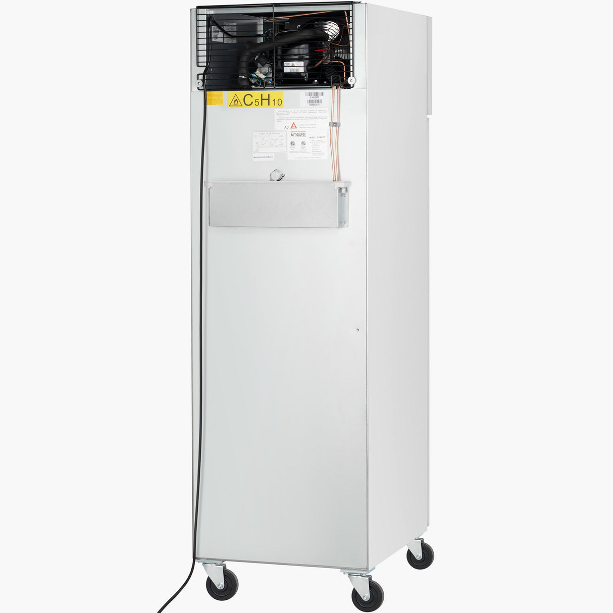 A tall, white Empura Refrigeration commercial freezer on four wheels features a front panel, ventilation grid revealing internal components, a yellow caution label, power cord, and small center door. The background is plain white.