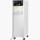 A tall, white Empura Refrigeration commercial freezer on four wheels features a front panel, ventilation grid revealing internal components, a yellow caution label, power cord, and small center door. The background is plain white.