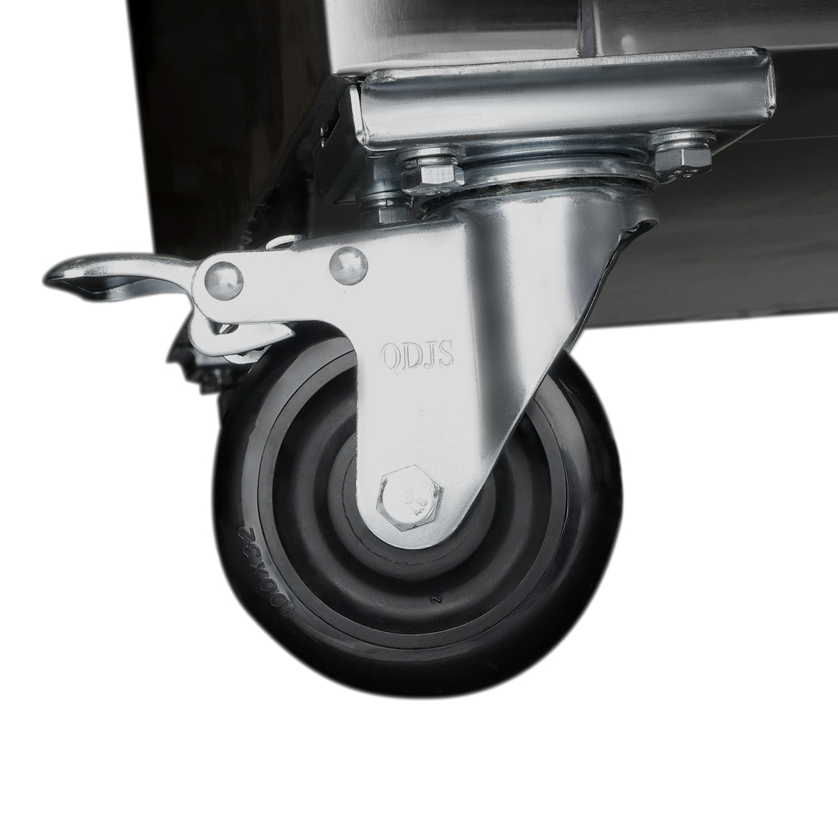 A close-up of a swivel caster wheel attached to a metal frame from an Empura Refrigeration commercial freezer, featuring a black rubber tire and shiny locking lever. The fine details and craftsmanship are highlighted by the reflective surface.