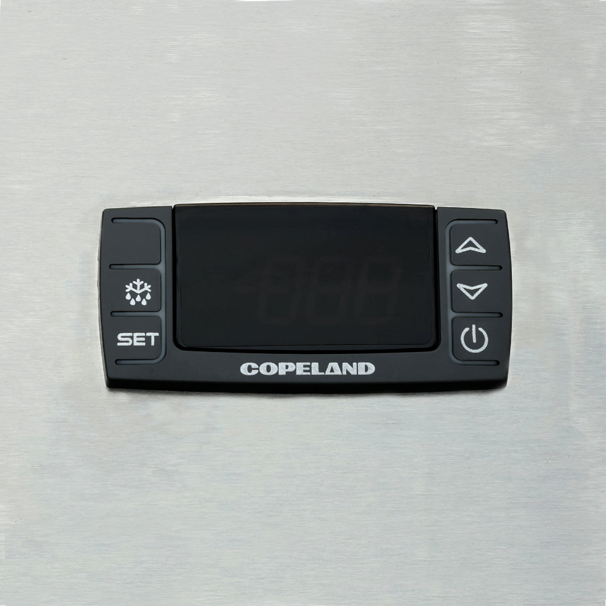 A Copeland digital control panel is mounted on a brushed metal surface of an Empura Refrigeration commercial refrigerator. The display screen is blank, and the panel features five buttons, with the Copeland brand name printed below the screen.
