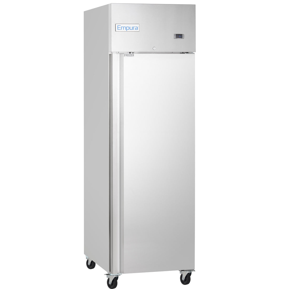 A tall, stainless steel Empura Freezer with a single solid door, mounted on four black caster wheels. The front features a small digital display and the Empura brand on top. This commercial freezer boasts a modern, industrial design.