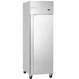 A tall, stainless steel Empura Freezer with a single solid door, mounted on four black caster wheels. The front features a small digital display and the Empura brand on top. This commercial freezer boasts a modern, industrial design.