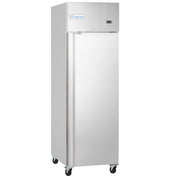 A tall, stainless steel Empura Freezer with a single solid door, mounted on four black caster wheels. The front features a small digital display and the Empura brand on top. This commercial freezer boasts a modern, industrial design.