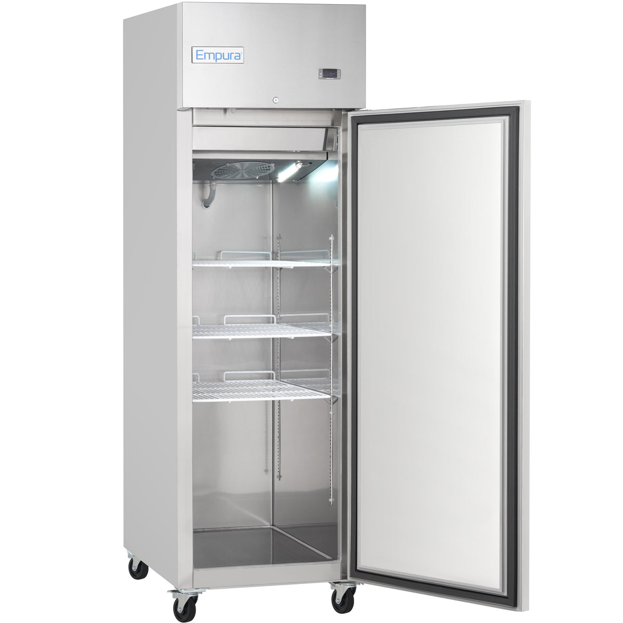 A tall, stainless steel Empura Freezer with the door open reveals three empty wire shelves inside. The reach-in freezer stands on four black caster wheels and features a digital display on the upper right corner of the front panel.