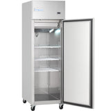 A tall, stainless steel Empura Freezer with the door open reveals three empty wire shelves inside. The reach-in freezer stands on four black caster wheels and features a digital display on the upper right corner of the front panel.