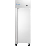 A tall, stainless steel Empura Reach-In Freezer with a single door, digital display, and Empura logo on top. The commercial freezer stands on four black caster wheels for easy movement in any kitchen or restaurant setting.
