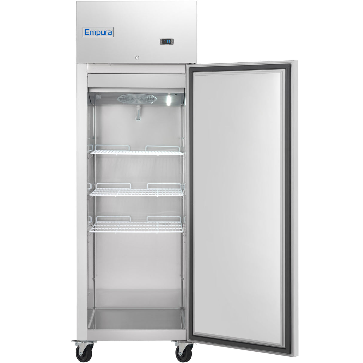 A commercial stainless steel Empura Freezer with one open door reveals three wire shelves, an interior light, and empty storage space. The Reach-In Freezer stands on black wheels, with a small digital display and the brand name Empura above.
