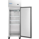 A commercial stainless steel Empura Freezer with one open door reveals three wire shelves, an interior light, and empty storage space. The Reach-In Freezer stands on black wheels, with a small digital display and the brand name Empura above.