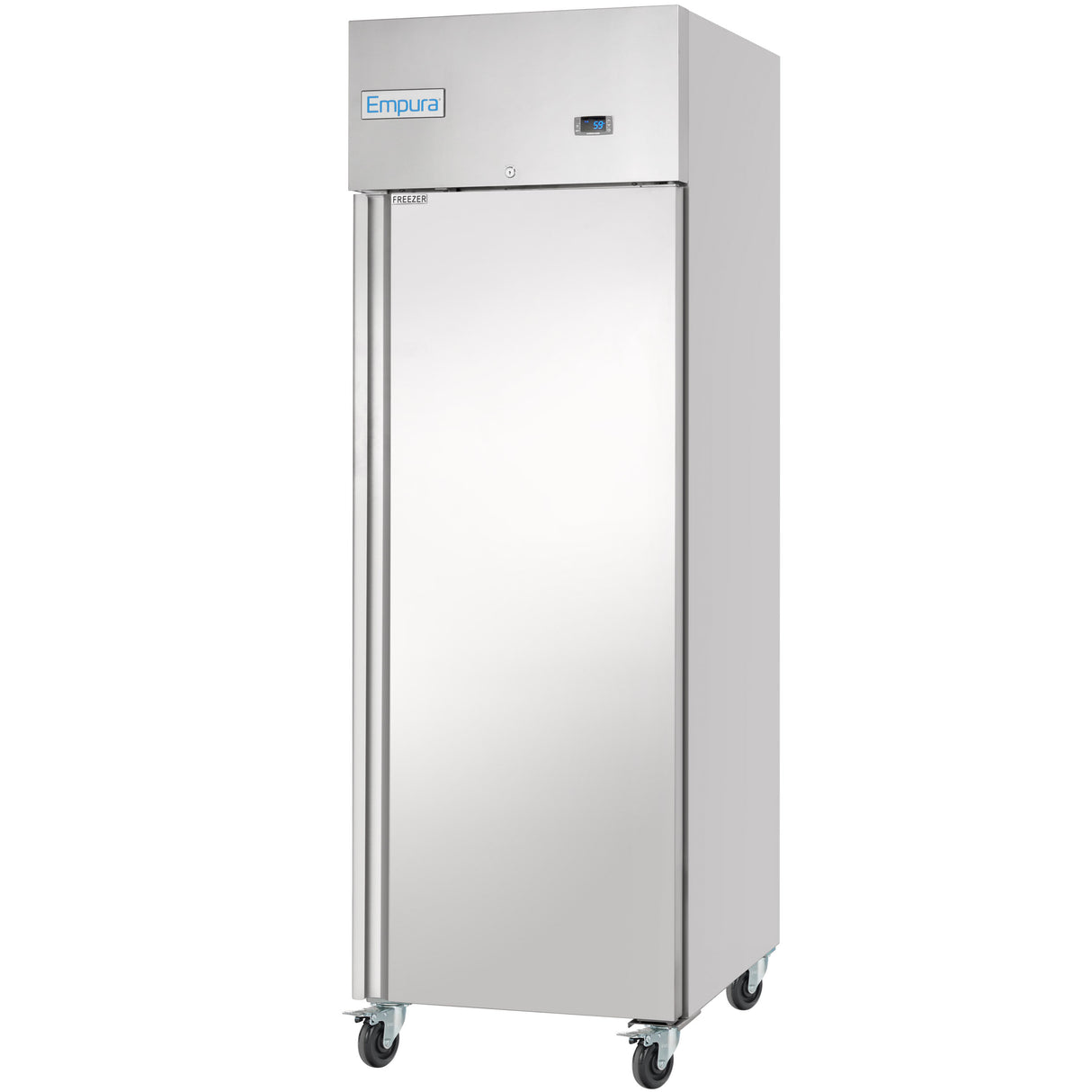 A tall, stainless steel Empura Freezer with a single solid door, upright rectangular shape, and four wheels for mobility. The brand name “Empura” is displayed on the top left corner of this commercial freezer.