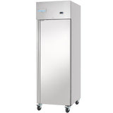 A tall, stainless steel Empura Freezer with a single solid door, upright rectangular shape, and four wheels for mobility. The brand name “Empura” is displayed on the top left corner of this commercial freezer.
