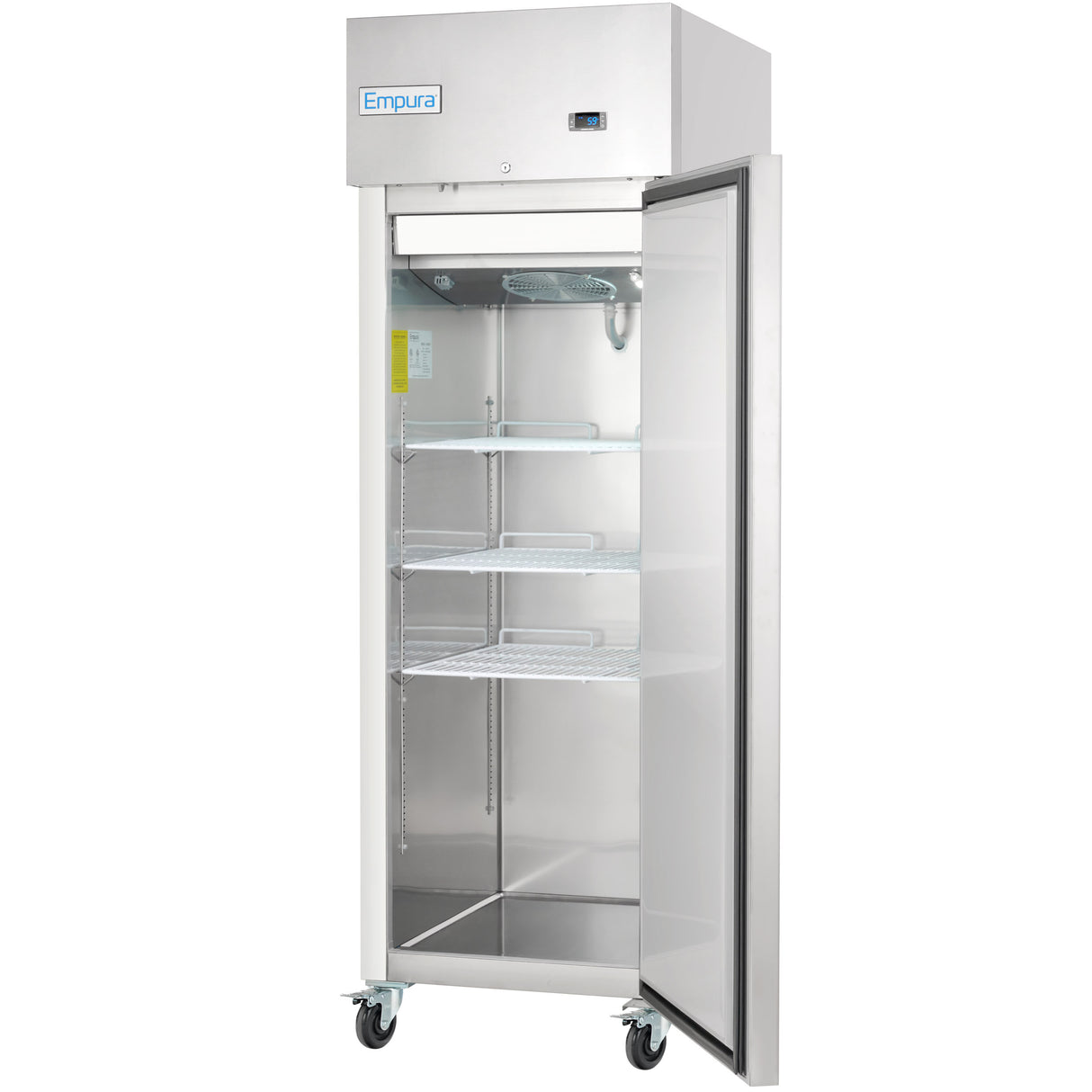 A tall, stainless steel Empura Freezer on wheels stands with its glass door open, revealing four empty wire shelves inside. The top section features a digital control display and the brand name “Empura” on the front. Ideal as a commercial freezer.
