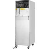 A tall, silver Empura Freezer ice cream machine on wheels, featuring an exposed mechanical compartment at the top, a yellow Caution sticker, middle dispensing area, plain front panel, and power cords hanging from the top section.