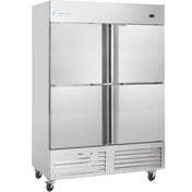 A large, commercial stainless steel freezer with four doors, each featuring a vertical handle. This reach-in freezer is on caster wheels, has a vented bottom panel, and features an Empura brand name and a digital display on top.