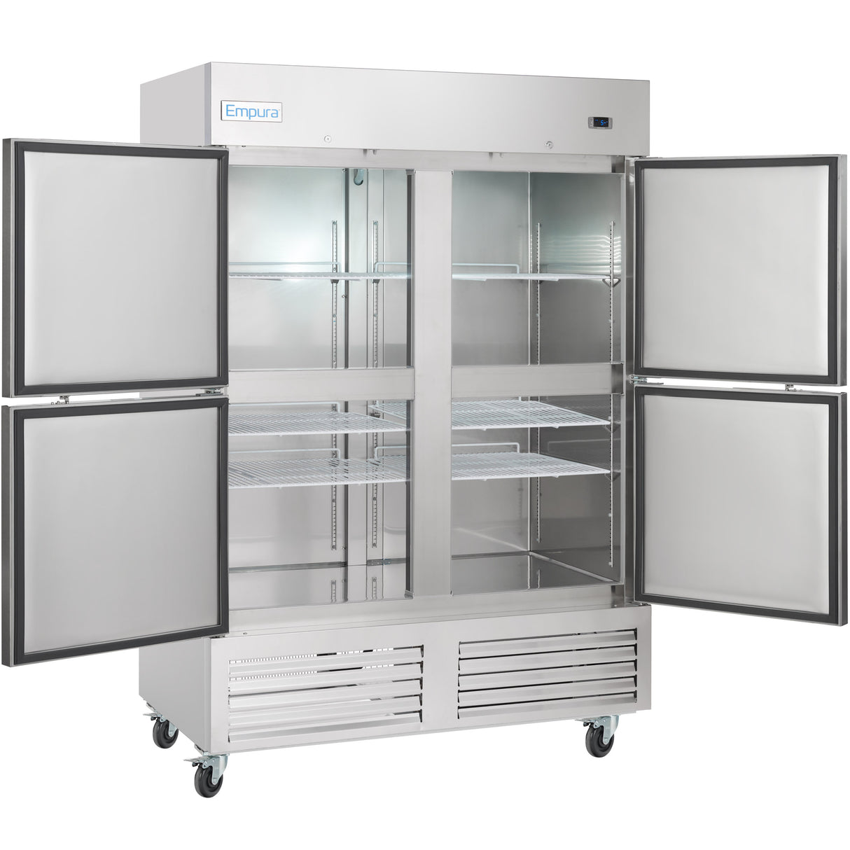A large stainless steel commercial freezer by Empura features four open doors revealing empty wire shelves inside. This reach-in freezer includes ventilation grilles at the bottom and four caster wheels for easy mobility.