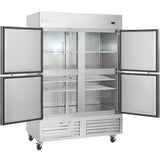 A large stainless steel commercial freezer by Empura features four open doors revealing empty wire shelves inside. This reach-in freezer includes ventilation grilles at the bottom and four caster wheels for easy mobility.