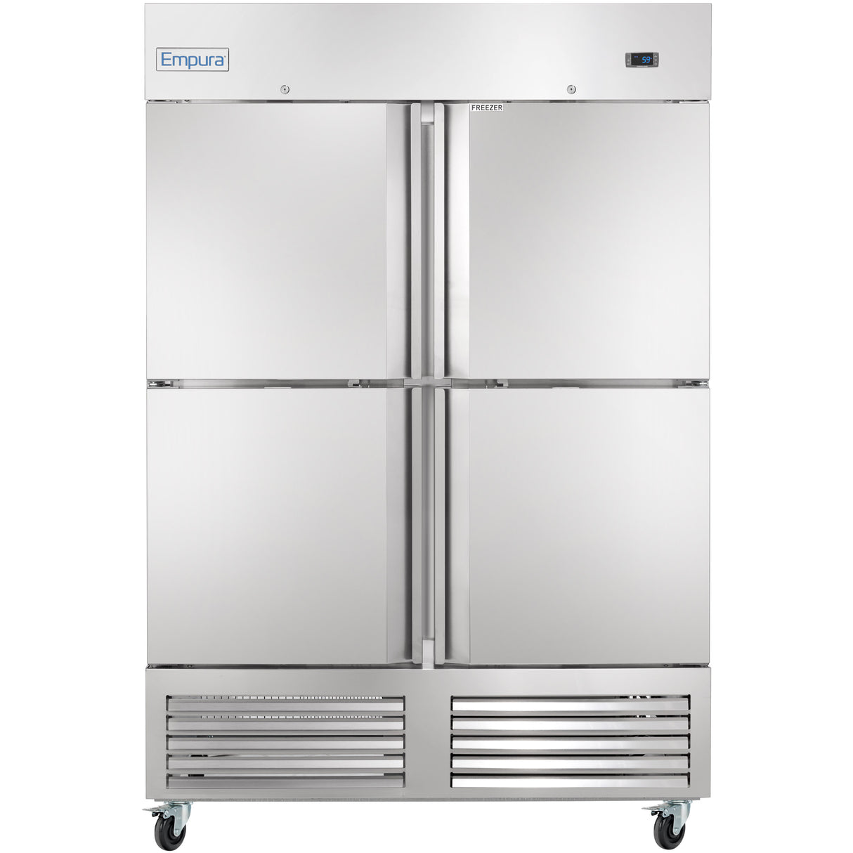 A large, commercial stainless steel freezer with four doors, each with a vertical handle. The Empura brand is labeled on the top left. This reach-in freezer stands on wheels and features a vented panel and digital display at the bottom front.