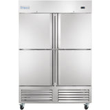 A large, commercial stainless steel freezer with four doors, each with a vertical handle. The Empura brand is labeled on the top left. This reach-in freezer stands on wheels and features a vented panel and digital display at the bottom front.