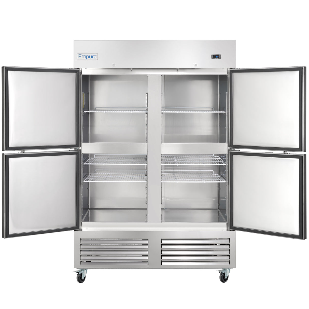 A large commercial stainless steel freezer with four open doors reveals empty wire shelves inside. The reach-in freezer is on wheels, has ventilation grates at the bottom, and features the brand name “Empura” on the upper left corner.
