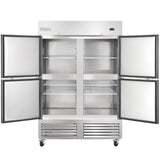 A large commercial stainless steel freezer with four open doors reveals empty wire shelves inside. The reach-in freezer is on wheels, has ventilation grates at the bottom, and features the brand name “Empura” on the upper left corner.