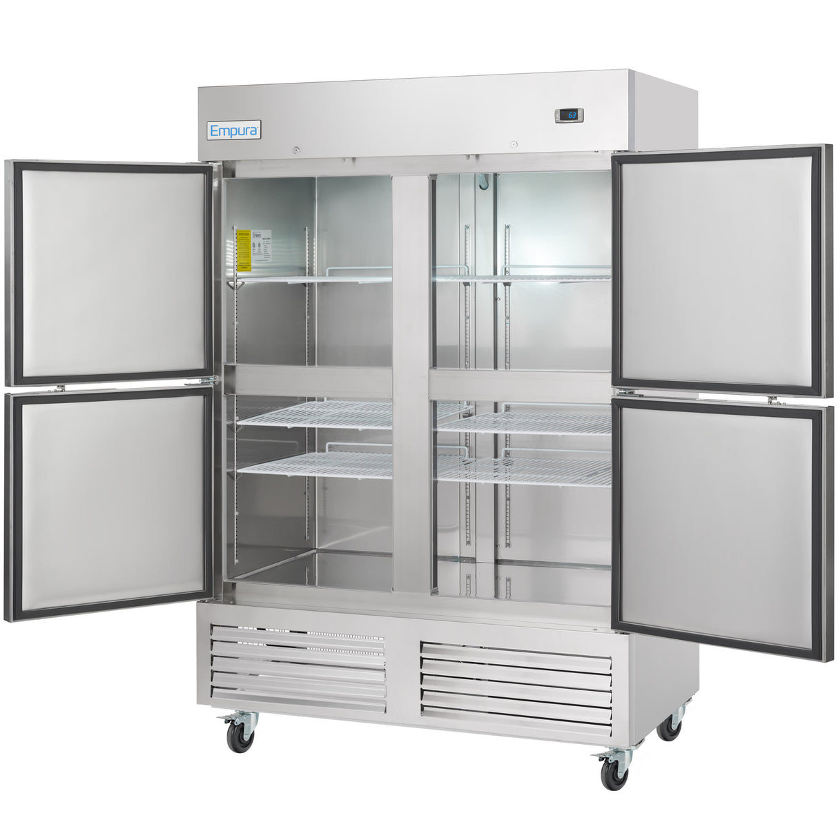 A large stainless steel reach-in freezer with four open doors reveals multiple wire shelves inside. The unit features wheels at the base, a vented panel below, and a small digital control on the top right.