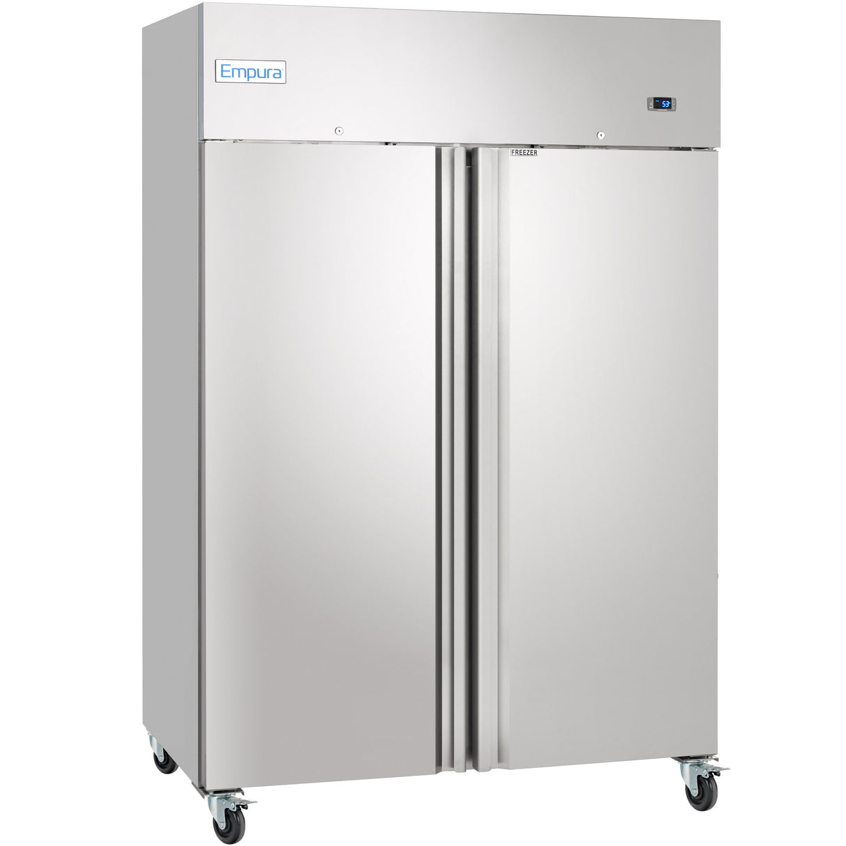 A large, stainless steel Empura Refrigeration commercial freezer with two vertical doors, sturdy handles, and caster wheels. Its clean, industrial appearance makes this reach-in freezer ideal for restaurant or kitchen use.