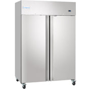 A large, stainless steel Empura Refrigeration commercial freezer with two vertical doors, sturdy handles, and caster wheels. Its clean, industrial appearance makes this reach-in freezer ideal for restaurant or kitchen use.